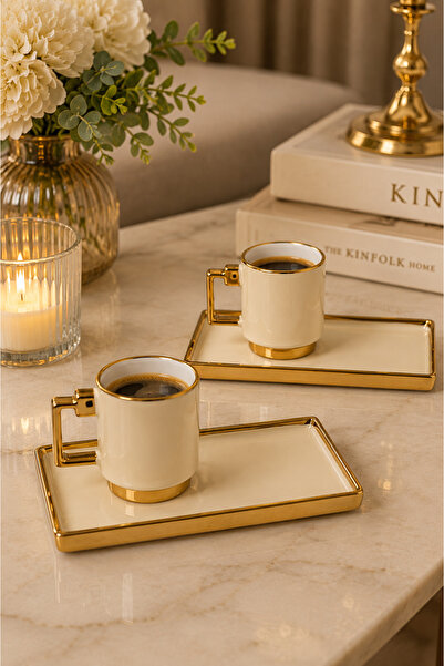 RASHA COLLECTION 2-Person Coffee Presentation Cup Set with Gold Detailing