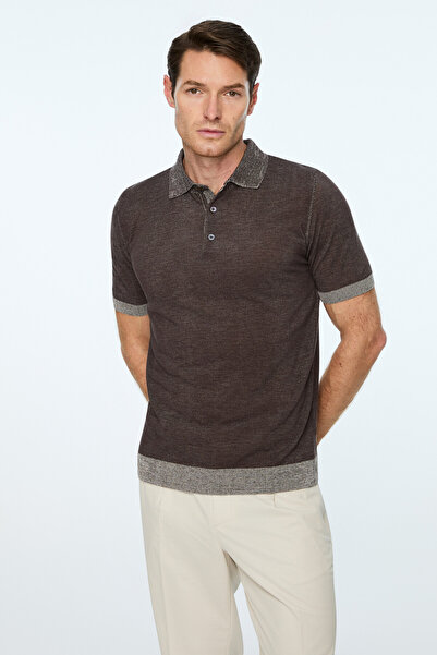 Morven Men's Brown Trend Polo Collar Tencel Knitwear T-Shirt