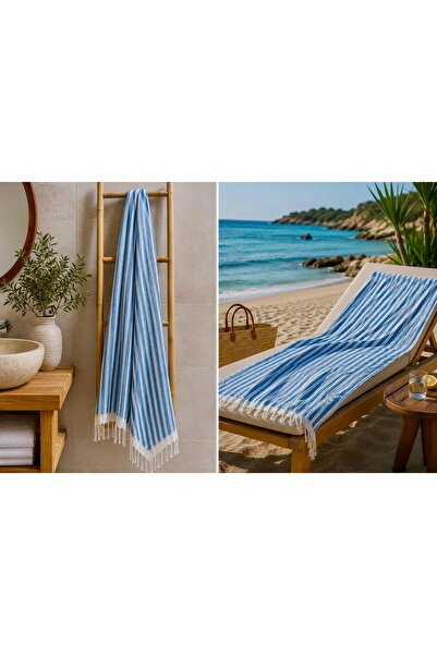 Missi Aegean Breeze Thin Peshtemal - Blue Striped - Cotton Beach, Pool and Ha...