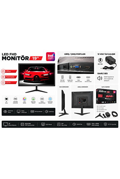 levelupwear1 LevelTeam LTM-19SWQ 19" 5Ms 60Hz Vga Hdmı Led 1440X900 Sesli Vesalı DC 12v Ofis & Kamera Monitörü