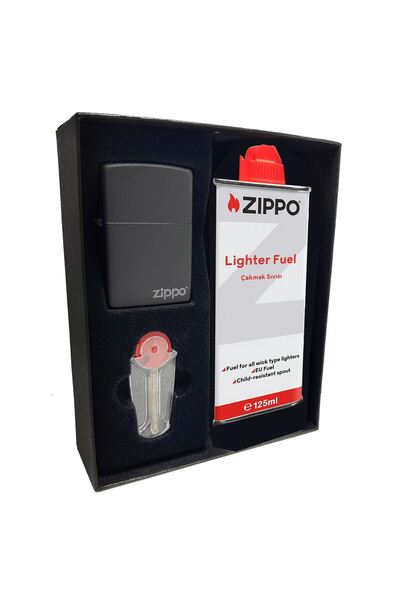 Zippo Çakmak Mat Siyah Hediyelik Kutu Benzin Taş Set du10-067277
