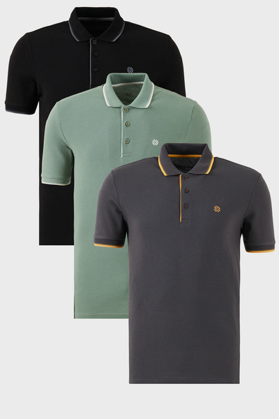 Buratti Pamuklu Regular Fit Şerit Detaylı Düğmeli Polo Yaka 3'lü Paket T Shir...
