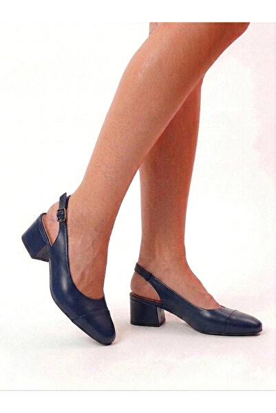 NZN Genuine Leather Navy Blue 4 cm Heeled Square Toe Classic Sandal Shoes