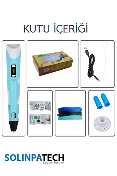 SolinpaTech Mavi 3d Kalem 3d Pen 3 Boyutlu Yazıcı Kalem 3 Renk 9 Metre Filament Usb Kablo