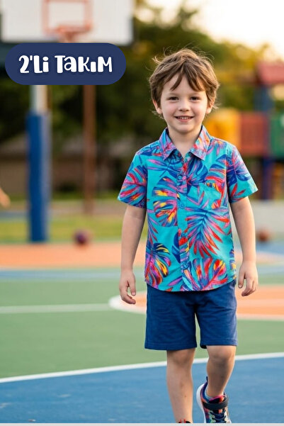Hilal Akıncı Kids Boy's Hawaiian Model Short Sleeve Shirt and Denim Shorts 2-...
