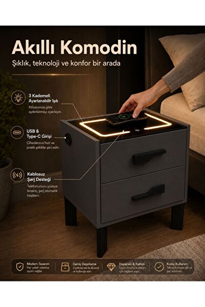 DECOBOX DİAMOND ANTRASİT LEDLİ ŞARJ ÜNİTELİ KOMODİN