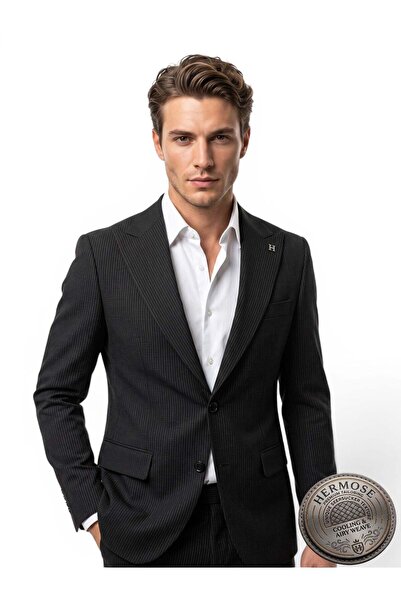 HERMOSE Riviera |   Carbon Black Textured Gofre Striped Vest Set Suit