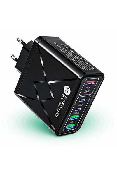 Timebox Încărcător de rețea cu 6 porturi, 55W, încărcare rapidă, 3 porturi Ty...