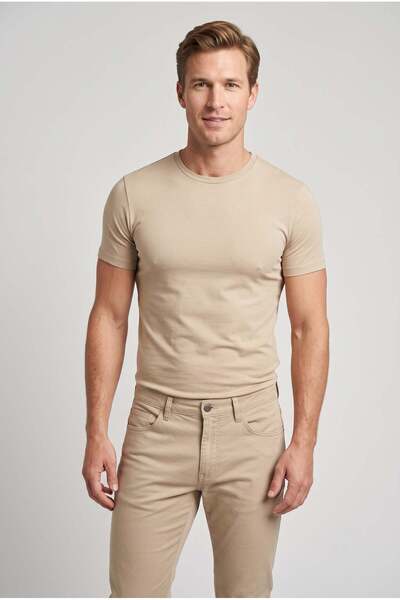 Efor Slim Fit Bisiklet Yaka Esnek Pamuklu Düz Bej Tişört TS 823