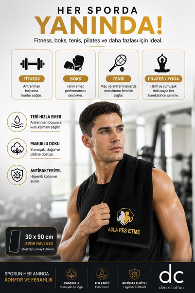 denizlicotton Embroidered Sports Towel Cotton Sweat Absorbent Fitness Pilates Boxing Tennis Towel 30X90