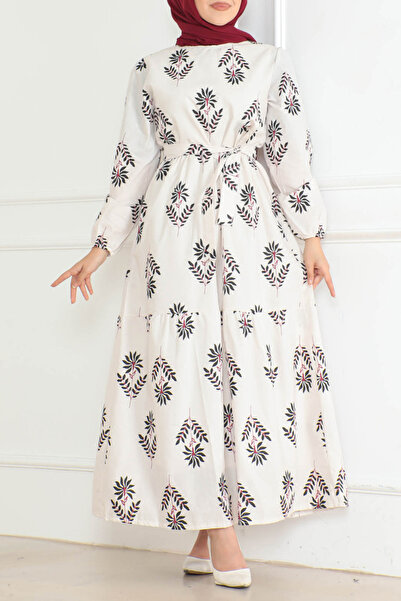 TOFİSA Patterned Sleeve Gathered Dress Ecru - 26623
