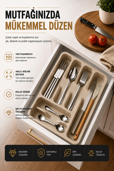Fevito 6 Compartment Drawer Cutlery Holder, Plastic Fork and Knife Organizer,...
