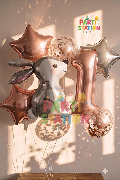 Parti Station Tavşan 1 Yaş Balon Set Yıldız Balon Folyo Set Tavşan Konsept Do...