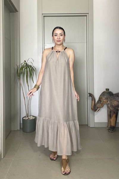 Butik Didem Sakinci Boyundan Bağlamalı Boncuk Detaylı Halter Yaka Astarlı Tül...