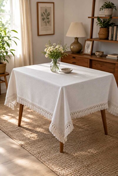 HOME ART ATELIER hand made Premium Keten-dantel Şerit Kenarlı Bohem Masa Örtüsü