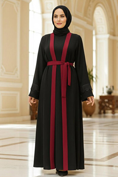 Neva Style Belted Burgundy Hijab Abaya 55440Br