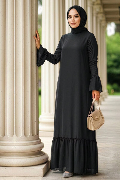 Neva Style Kol Ucu Volanlı Siyah Tesettür Elbise 5729S