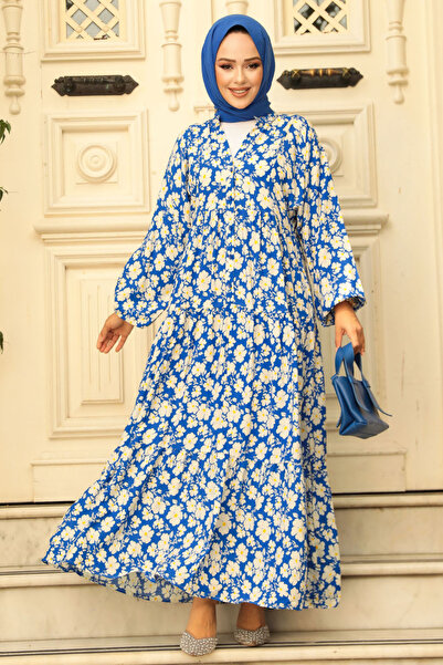 Neva Style Indigo Patterned Hijab Dress - 23586im