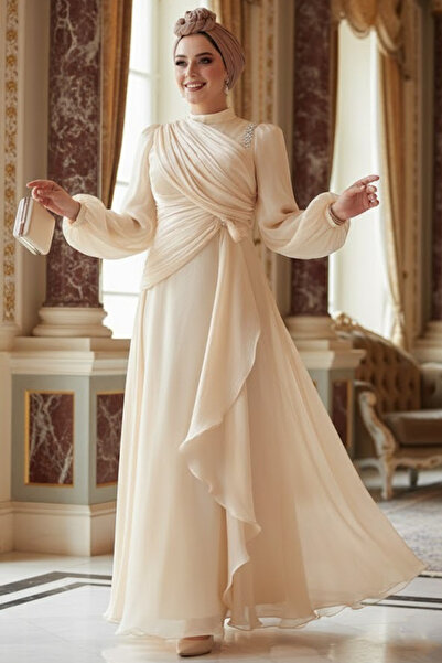 N.S NEVA STYLE فستان سهرة حجاب بيج بتفاصيل ثنى 51641BEJ