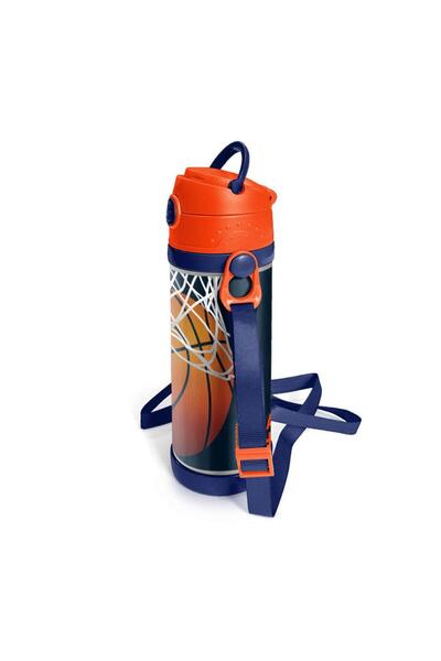Coral High Kids Navy Blue Orange Basketball Patterned Steel Thermos with Straw 500 ml 11927