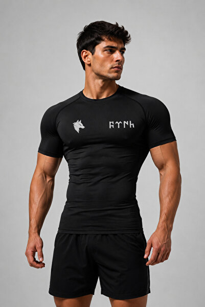 FitVult Göktürkçe Türk Yazılı Bozkurt Baskılı Kısa Kollu Compression Spor Tsh...