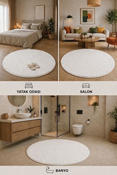 naya home Peluş Beyaz DAİRE Tüylü Yumuşak Yıkanabilir Kaymaz Taban Halı Yollu...