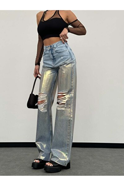 HerTon Women's High Waist Knee-Ripped Sparkling Stone Wide Leg Jean Trousers ...
