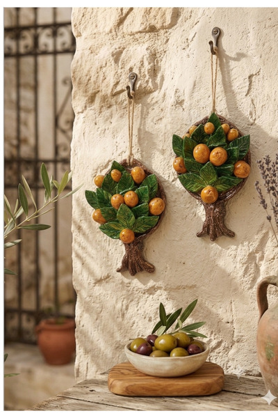 Ahşap Evi 2Li El Yapımı 15x10 cm Seramik Portakal Ağacı Duvar Süsü-Dekoratif ...