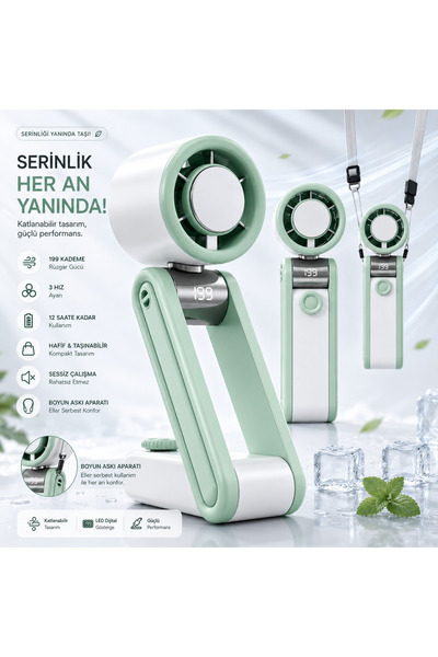 TARÇIN Turbo Mini Fan 199 Kademeli Dijital Göstergeli Katlanabilir Şarjlı El ...