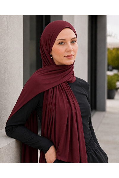 Merve Nayir شال حجاب من القطن الممشط والليكرا باللون العنابي