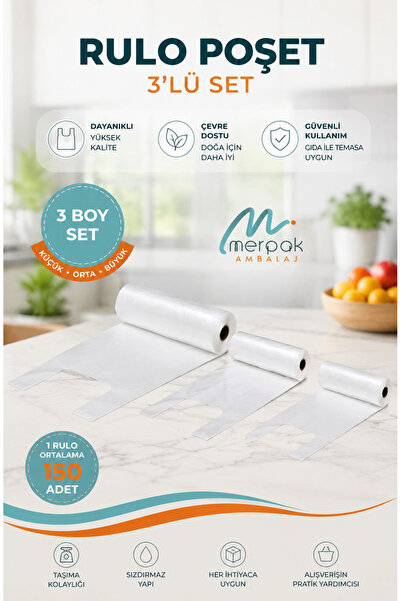 Merpak Ambalaj Rulo Poşet 3'lü Set (KÜÇÜK, ORTA, BÜYÜK) Hışır Atlet Market Manav Poşeti Çöp Poşeti