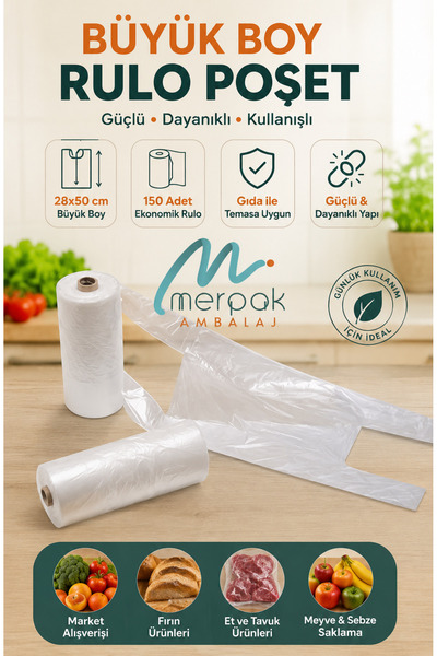 Merpak Ambalaj Rulo Poşet 3'lü Set (KÜÇÜK, ORTA, BÜYÜK) Hışır Atlet Market Manav Poşeti Çöp Poşeti
