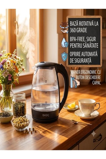 BASIC Fierbator electric, Protectie fierbere uscata, Baza rotativa 360 grade, 2 L, Sticla si Plastic, culoare Negru