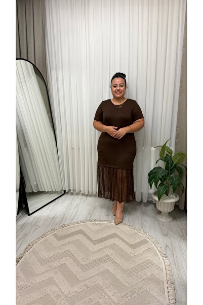 Butik Eteği Güpürlü Elbise Acı Kahve