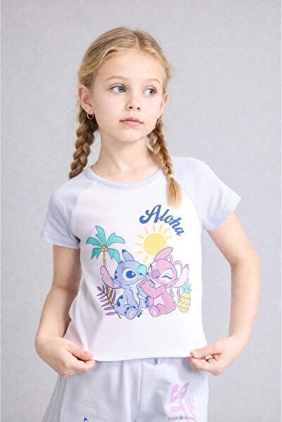 DeFacto Disney Lilo & Stitch Fitted Crew Neck Ribbed Short Sleeve White T-Shi...
