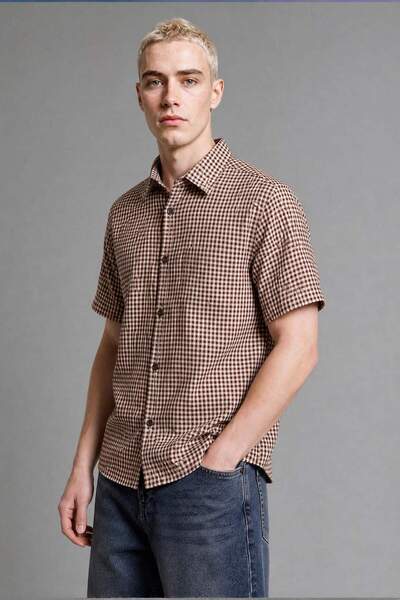 DeFacto Boxy Fit Short Sleeve Checkered Burgundy Shirt H3727Ax26Sm