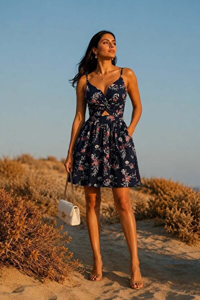 Modafeminen Lcivert Patterned String Strap Chest P Cut-Out Detail Mini Dress ...