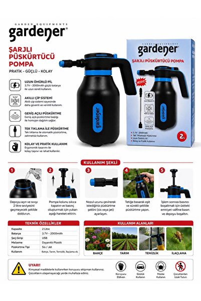 Gardener 2 Litre Şarjlı İlaçlama Pompası USB Şarjlı Elektrikli Püskürtücü Bah...