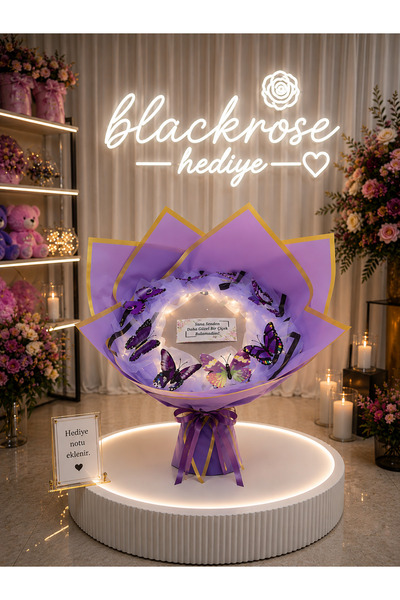 blackrosehediye Uzun Saplı Mor Lila LED Işıklı Aynalı Kelebek Buketi | Sevgil...