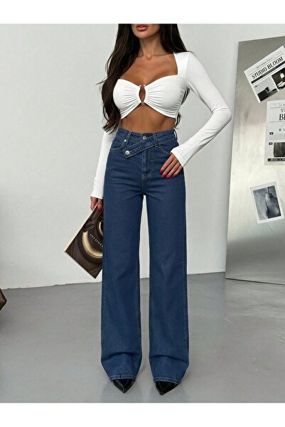 HerTon Pantaloni de damă din denim cu picior larg, cu detaliu de închidere în...