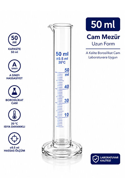 Labolist Cam Mezür 50 ml Uzun Form A Kalite Borosilikat Laboratuvara Uygun 1 ...