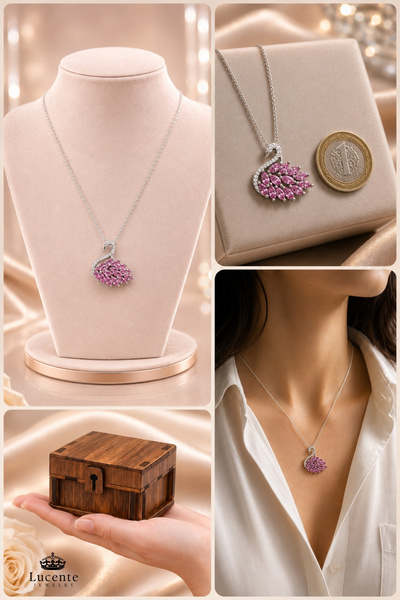 Lucente Jewellery 925 Ayar Pink Swan Kuğu Gerçek Pembe Ametist Taşlı Şık Tasarım 45 Cm Zincirli Kararma Karşıtı Rodyum Güçlendirmeli Gümüş Özel Gün Hediyesi Şans Aşk ve Zerafetin Simgesi Kuğulu Kadın Kolye