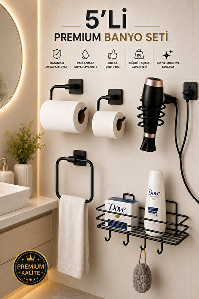 tnc tel ve metal ürünleri 5-Piece Premium Bathroom Set, Blow Dryer Hanger, To...
