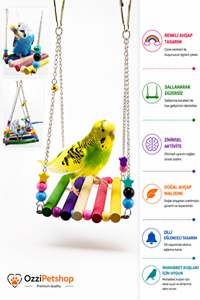 ozzipetshop Muhabbet Kuşu Salıncağı Renkli Ahşap Köprü Kuş Oyuncağı Papağan S...