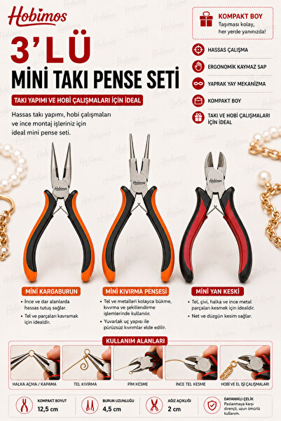Hobimos 3 lü Takı Yapım Pense Seti - Mini Kıvırma Pensesi- Kargaburun - Yan K...