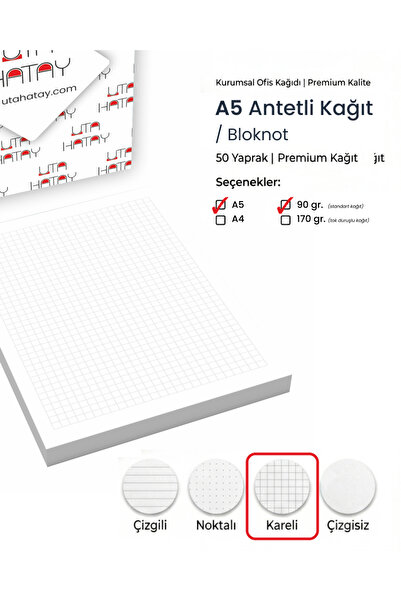 A5 Antetli Kağıt Bloknot 50 Yaprak 90gr Kurumsal Ofis Kağıdı Kareli