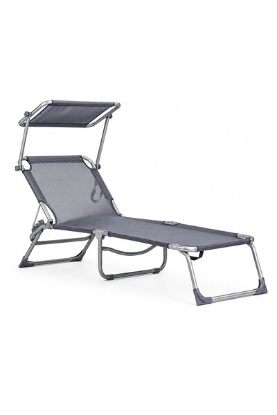 SERSIMO Șezlong pliabil cu parasolar reglabil, spătar reglabil, 150 kg, gri