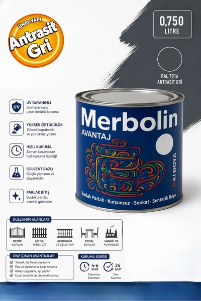 Merbolin Avantaj Ral 7016 Sentetik Yağlı Boya Antrasit Gri Solvent Bazlı Boya...
