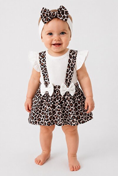 dinamik çocuk Baby girl leopard print bandana romper dress set with ruffle sl...