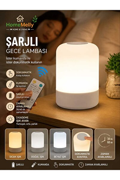 btm home Şarjlı Gece Lambası Kumandalı 3 Renk Dokunmatik Dimmerli Kablosuz Ma...